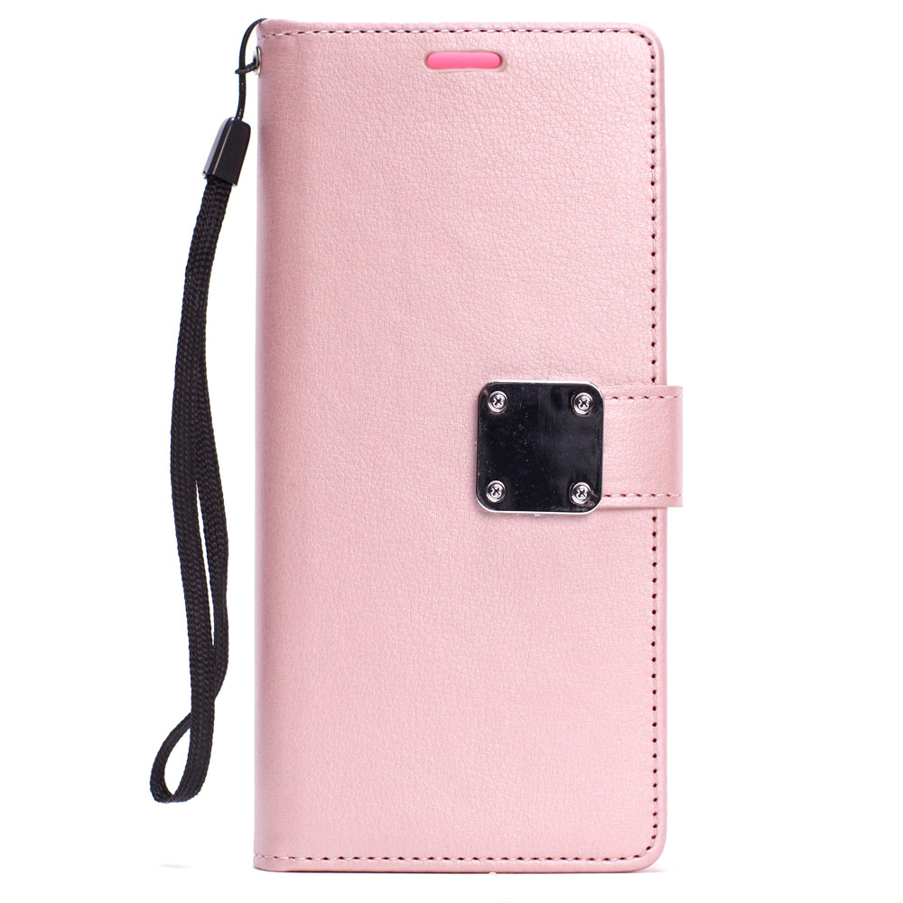iPhone X (Ten) Multi Pockets Folio Flip LEATHER WALLET Case with Strap (Rose Gold)